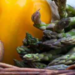 Asparagus and new potatoes in butter lemon sauce with fresh herbs