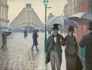 Paris Street; Rainy Day by Gustave Caillebotte 1877. Capturing the boulevards of Paris in the morning. (Poster).